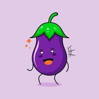 lindo personaje de berenjena con sonrisa y expresión feliz, boca abierta y ojos brillantes. verde y morado. adecuado para emoticonos, logotipos, mascotas e iconos vector