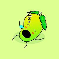 lindo personaje de mango con expresión de sueño, acostarse, cerrar los ojos y abrir la boca. verde y naranja. adecuado para emoticonos, logotipos, mascotas e iconos
