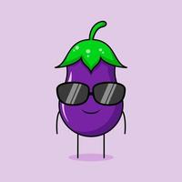 lindo personaje de berenjena con expresión de sonrisa y anteojos negros. verde y morado. adecuado para emoticonos, logotipos, mascotas o pegatinas vector