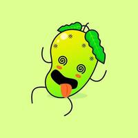 lindo personaje de mango con expresión mareada, ojos rodantes, tumbado y lengua fuera. verde y naranja. adecuado para emoticonos, logotipos, mascotas e iconos vector