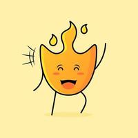 linda caricatura de fuego con sonrisa y expresión feliz. cerrar los ojos y una mano arriba. adecuado para logotipos, iconos, símbolos o mascotas vector