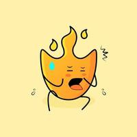 linda caricatura de fuego con expresión asustada y siéntate. amarillo y naranja. adecuado para logotipos, iconos, símbolos o mascotas vector
