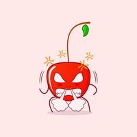 cute cherry cartoon character with angry expression. nose blowing smoke, eyes bulging and teeth grinning. red and green. suitable for logos, icons, symbols or mascots