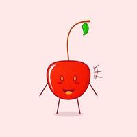 lindo personaje de dibujos animados de cereza con la boca abierta y expresión feliz. adecuado para logotipos, iconos, símbolos o mascotas. rojo y verde vector