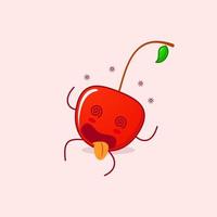 cute cherry cartoon character with dizzy expression, rolling eyes, lie down and tongue sticking out. green and red. suitable for emoticon, logo, mascot and icon vector