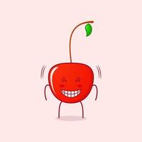 lindo personaje de dibujos animados de cereza con los ojos cerrados, sonrisa y expresión feliz. adecuado para emoticonos, logotipos, iconos, mascotas, símbolos y signos. rojo y verde