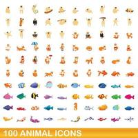 100 animales, conjunto de iconos de estilo de dibujos animados vector