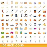 100 hike icons set, cartoon style vector