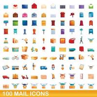 100 iconos de correo, estilo de dibujos animados vector