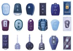 Smart car key icons set, cartoon style vector