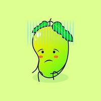 lindo personaje de mango con expresión desesperada y siéntate. verde y naranja. adecuado para emoticonos, logotipos, mascotas e iconos vector