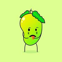 lindo personaje de mango con expresión repugnante y lengua fuera. verde y naranja. adecuado para emoticonos, logotipos, mascotas e iconos vector