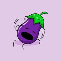 lindo personaje de berenjena con expresión mareada, boca abierta, sentarse y una mano en la cabeza. verde y morado. adecuado para emoticonos, logotipos, mascotas e iconos vector