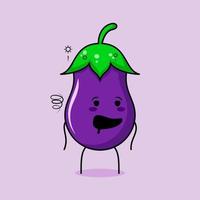 lindo personaje de berenjena con expresión borracha y boca abierta. verde y morado. adecuado para emoticonos, logotipos, mascotas e iconos vector