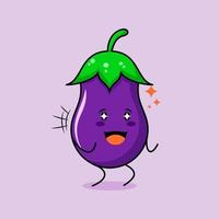 lindo personaje de berenjena con sonrisa y expresión feliz, dos manos apretadas y ojos brillantes. verde y morado. adecuado para emoticonos, logotipos, mascotas e iconos vector