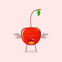 lindo personaje de dibujos animados de cereza con expresión enojada. boca abierta y manos temblorosas. rojo y verde. adecuado para logotipos, iconos, símbolos o mascotas vector