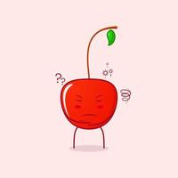 lindo personaje de dibujos animados de cereza con expresión de pensamiento y ojos cerrados. rojo y verde. adecuado para emoticonos, logotipos, mascotas y símbolos vector