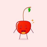 lindo personaje de dibujos animados de cereza con expresión feliz. boca abierta y ojos chispeantes. adecuado para logotipos, iconos, símbolos o mascotas. rojo y verde vector