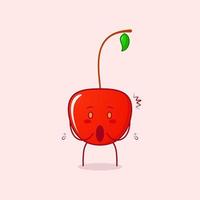 lindo personaje de dibujos animados de cereza con expresión impresionada y boca abierta. verde y rojo. adecuado para emoticonos, logotipos, mascotas e iconos vector