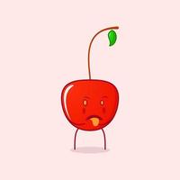 lindo personaje de dibujos animados de cereza con expresión repugnante y lengua fuera. adecuado para logotipos, iconos, símbolos o mascotas. rojo y verde vector