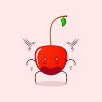 lindo personaje de dibujos animados de cereza con expresión sorprendida, boca abierta y ojos saltones. verde y rojo. adecuado para emoticonos, logotipos, mascotas o pegatinas vector