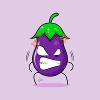 cute eggplant character with angry expression. eyes bulging and grinning. suitable for emoticon, logo, mascot and sticker. green and purple vector