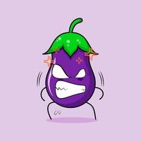 lindo personaje de berenjena con expresión enojada. ojos saltones y sonrientes. adecuado para emoticonos, logotipos, mascotas y adhesivos. verde y morado vector