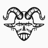 scary devil head illustration with horns, fangs and line art style. black and white. suitable for logo, mascot, symbol, coloring and t-shirt design vector