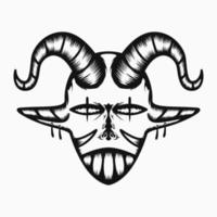 Ilustración de cabeza de diablo aterradora con cuernos, colmillos y estilo de arte lineal. en blanco y negro. adecuado para el diseño de logotipos, mascotas, símbolos, colores y camisetas vector