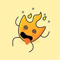 linda caricatura de fuego con expresión mareada. abre la boca, pone los ojos en blanco y se acuesta. adecuado para logotipos, iconos, símbolos o mascotas vector