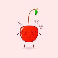 cute cherry cartoon character with thinking expression, close eyes and two hands on head. red and green. suitable for emoticon, logo, mascot and symbol