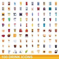 100 drink icons set, cartoon style vector