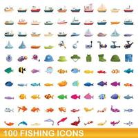 100 fishing icons set, cartoon style vector