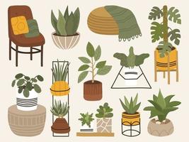 Set of trendy scandinavian boho potted plants for home. Cozy home garden furnished in hygge style. Different indoor houseplants isolated on white background. vector