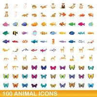 100 animales, conjunto de iconos de estilo de dibujos animados vector