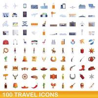 100 travel icons set, cartoon style vector