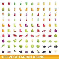 100 iconos vegetarianos, estilo de dibujos animados vector