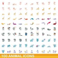 100 animales, conjunto de iconos de estilo de dibujos animados vector