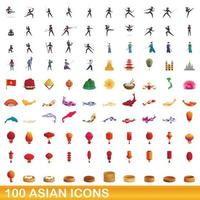 100 iconos asiáticos, estilo de dibujos animados vector