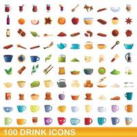 100 drink icons set, cartoon style vector