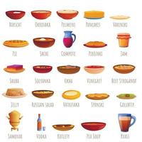 Russian cuisine icons set, cartoon style vector