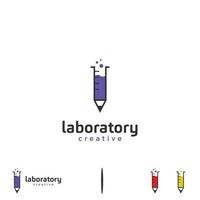 diseño de logotipo de laboratorio de lápiz sobre fondo aislado, laboratorio de botella combinado con concepto creativo de logotipo de lápiz vector