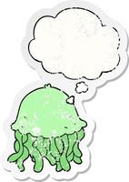 cartoon jellyfish and thought bubble as a distressed worn sticker vector