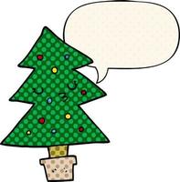 cartoon christmas tree and speech bubble in comic book style vector