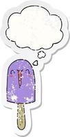 cartoon happy ice lolly and thought bubble as a distressed worn sticker vector