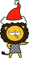 comic book style illustration of a bored lion wearing santa hat vector