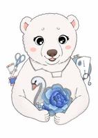 White bear with embroidery, swan brooch vector