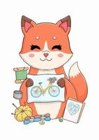 Little fox with embroidery, pillow, bicycle vector illustration