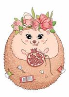 Cute little hedgehog and embroidery, flower, pomegranate brooch vector