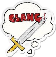 cartoon clanging sword and thought bubble as a distressed worn sticker vector